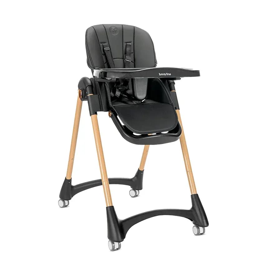 Scaun de masa pentru copii, Tummy Time, reglabil multiple pozitii, roti din silicon, finisaj cu efect de lemn, Black