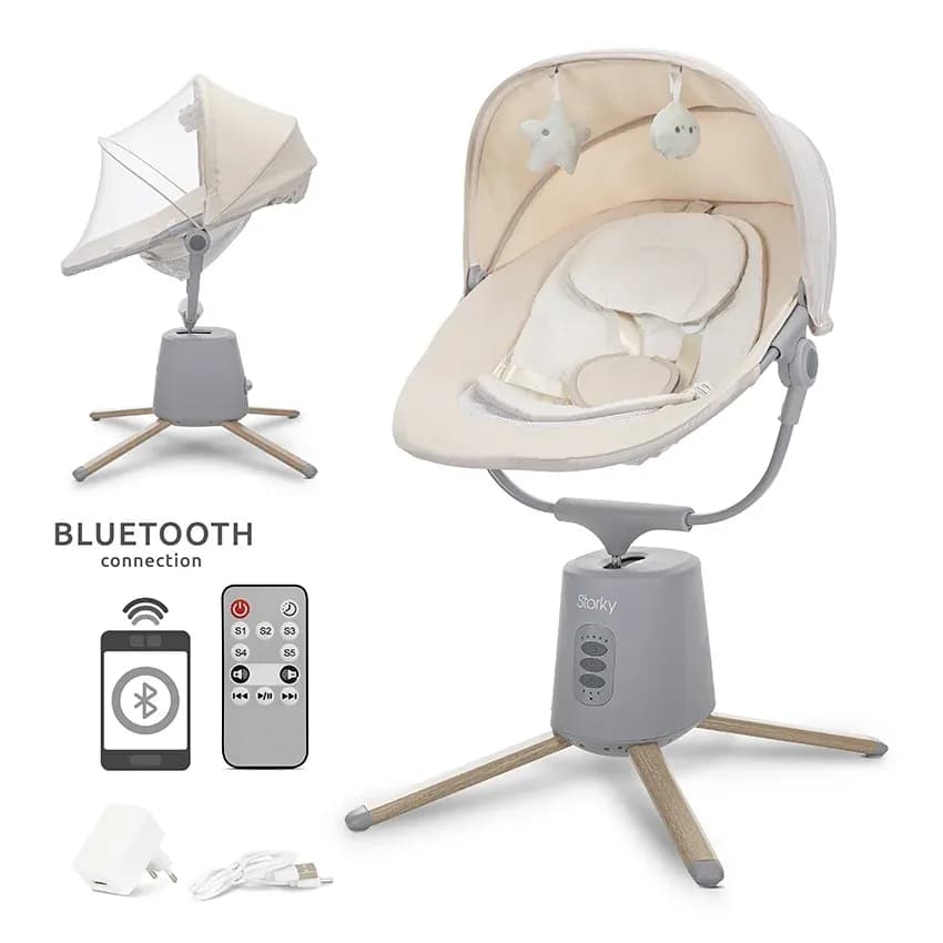 Leagan electric pentru bebelusi, Storky, Bluetooth, telecomanda, 5 viteze de leganare, potrivit 0-6 luni, Beige