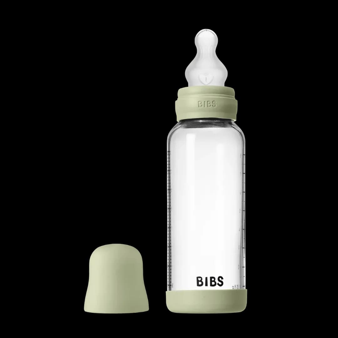 BIBS - Set complet biberon din sticla anticolici cu tetina din silicon, flux mediu, 240 ml, Sage