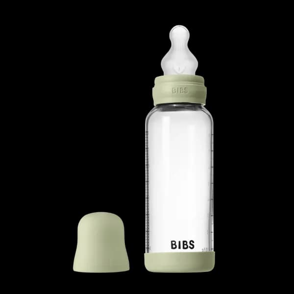 BIBS - Set complet biberon din sticla anticolici cu tetina din silicon, flux mediu, 240 ml, Sage