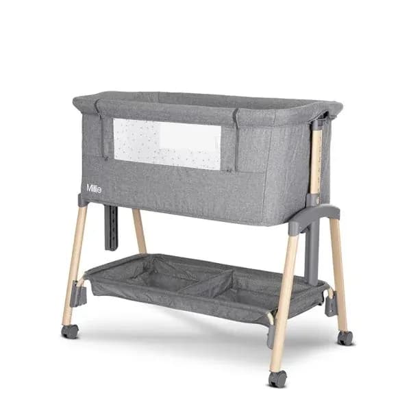 Patut pliabil, co-sleeper, Millie, 0 Luni+, max. 9 kg, inaltime reglabila 7 pozitii, sistem antireflux, plasa de tantari, saltea inclusa, Grey